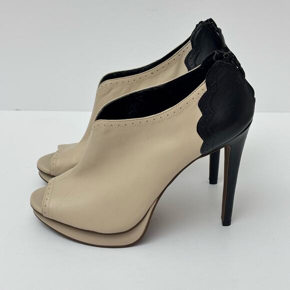 Trouve Two Tone Black & Ivory Vintage Style Stiletto Peep Toe Leather Booties-10 - Picture 3 of 10